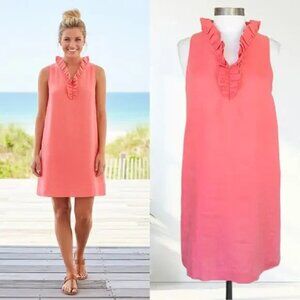 KATE SPADE Linen Shift Dress Women’s Ruffle V-neck Sleeveless Lined Coral Sz 14